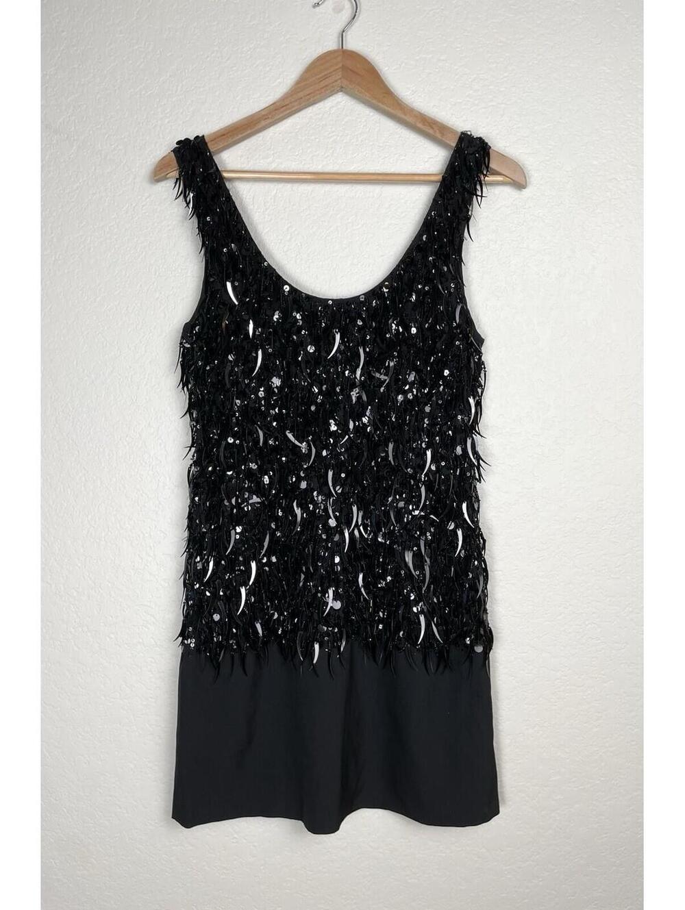 Theory Black Glitter Sequin Saloni Dangle Shimmy Mini Dress 100% Silk Size 2
